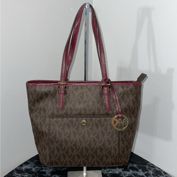 MICHAEL KORS Jet Set Travel Medium Canvas Leather Tote Brown/Red AUTHENTIC - Picture 1 of 10